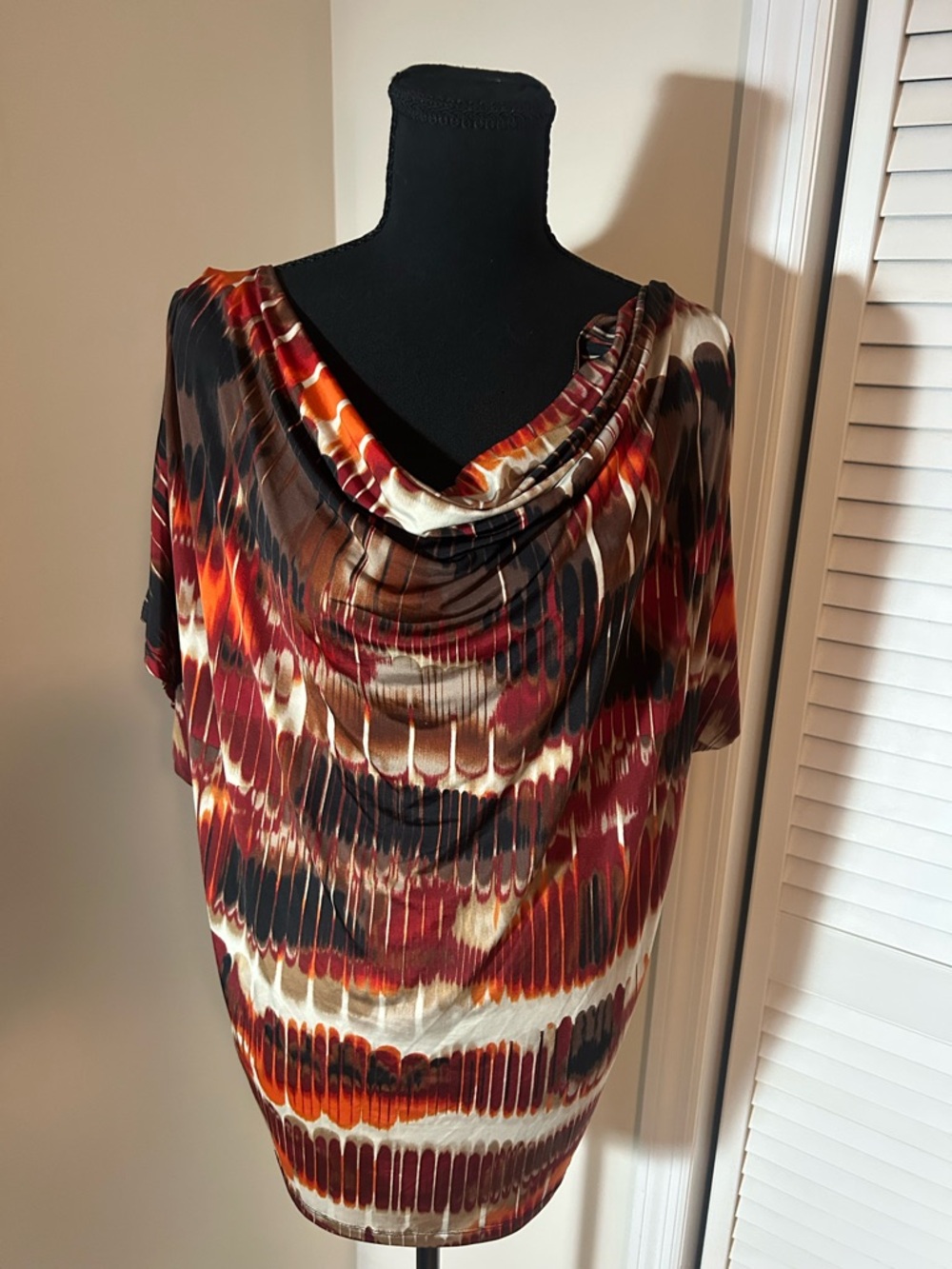Worthington Multicolor Cowl Neck Blouse - Red, Orange, Brown, Black, Cream